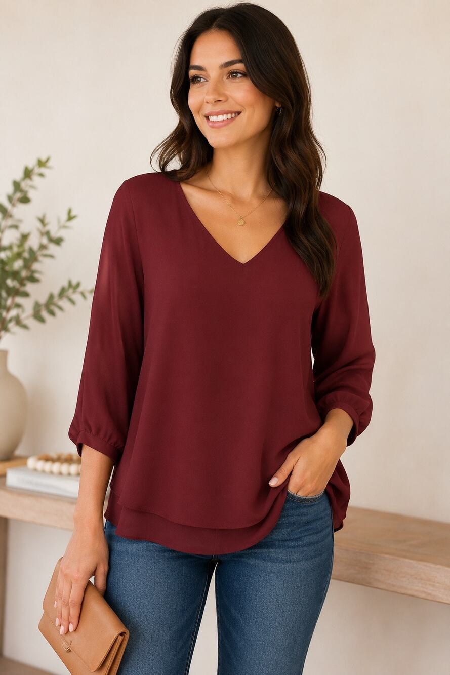 White House Black Market Blouse Womens Small Burgundy Layered Keyhole Back Top
